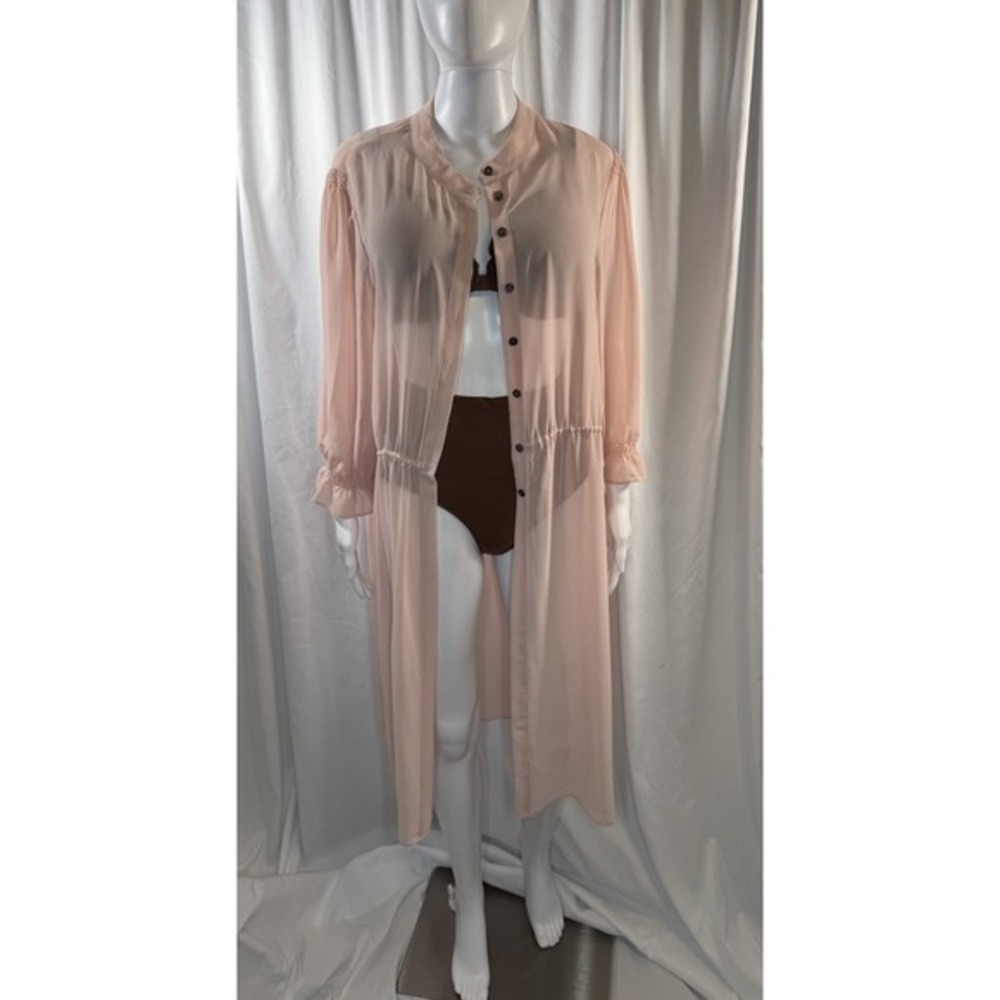 Vince Camuto Blush Pink Sheer Button Front Maxi Duster Cardigan Coverup L 83-12 - Picture 14 of 16